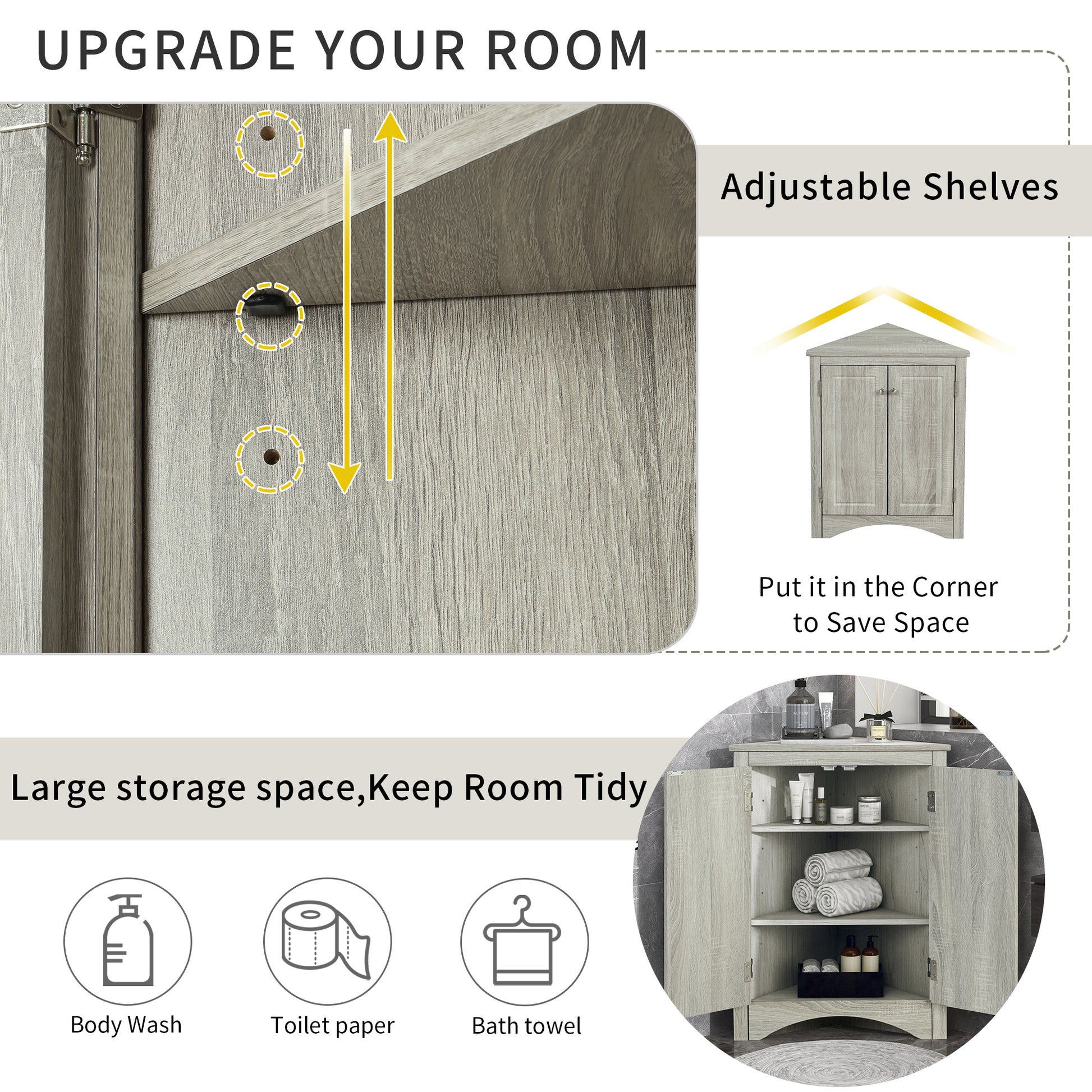 Oak triangle bathroom storage cabinet with a stylish, space-saving design, featuring multiple shelves for organizing toiletries, towels, and other bathroom essentials. Crafted from durable oak wood, this elegant cabinet adds both functionality and natural charm to any bathroom