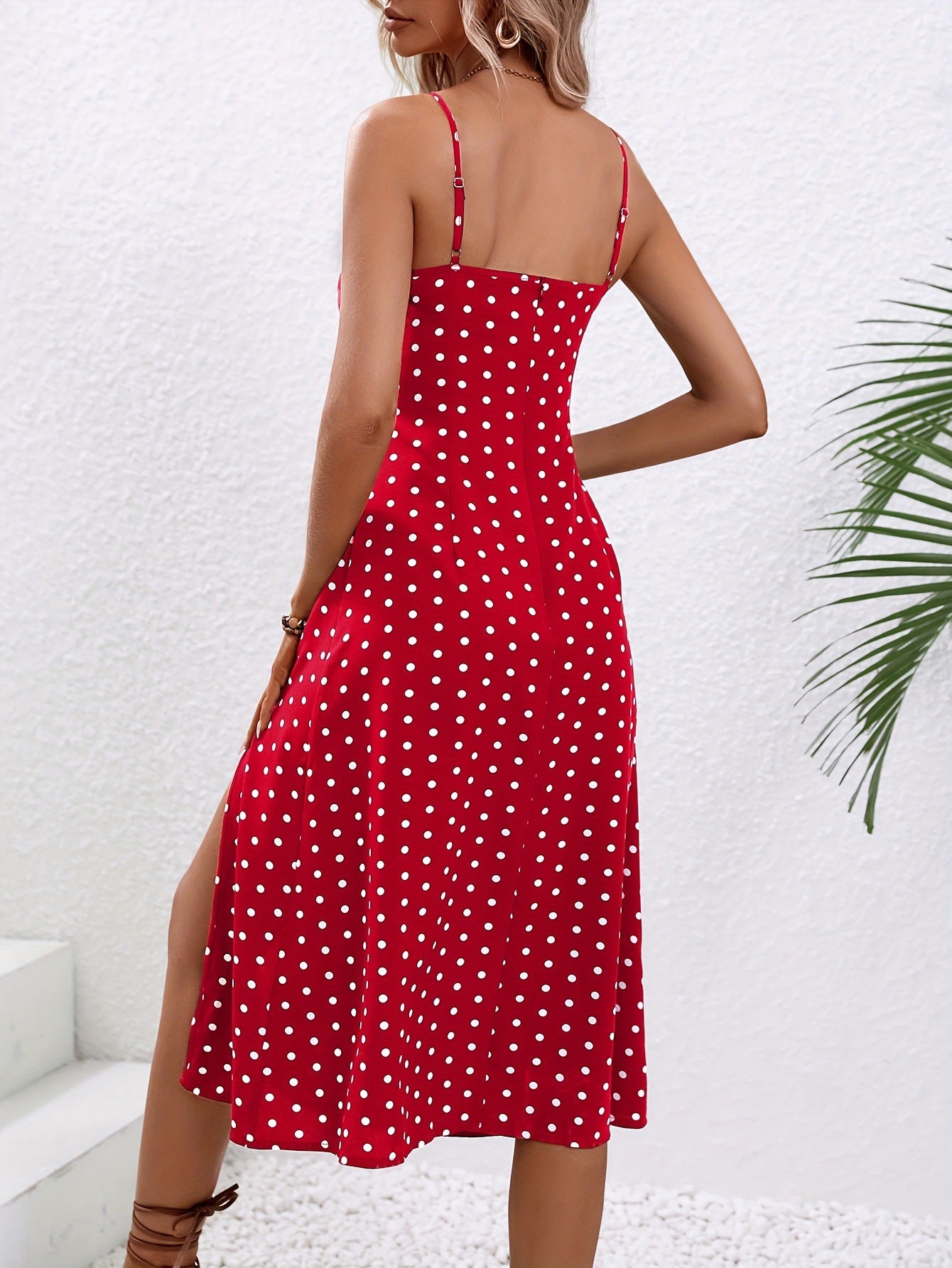 Women’s Polka Dot Print Suspender Dress with sexy slit, summer long dress with adjustable straps.

