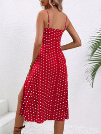Women’s Polka Dot Print Suspender Dress with sexy slit, summer long dress with adjustable straps.

