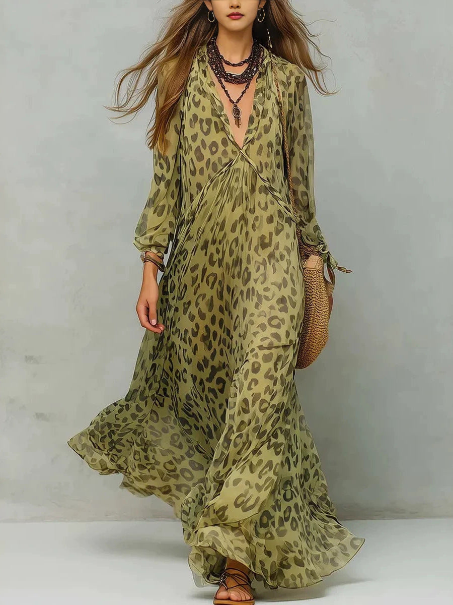 Leopard Print Chiffon Long Dress Deep V-Neck Three-Quarter Sleeve Flared Beach Vacation Dress Hot Deal Warehouse