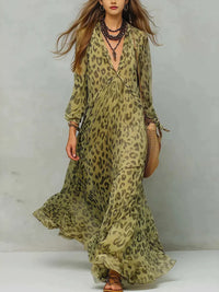 Leopard Print Chiffon Long Dress Deep V-Neck Three-Quarter Sleeve Flared Beach Vacation Dress Hot Deal Warehouse