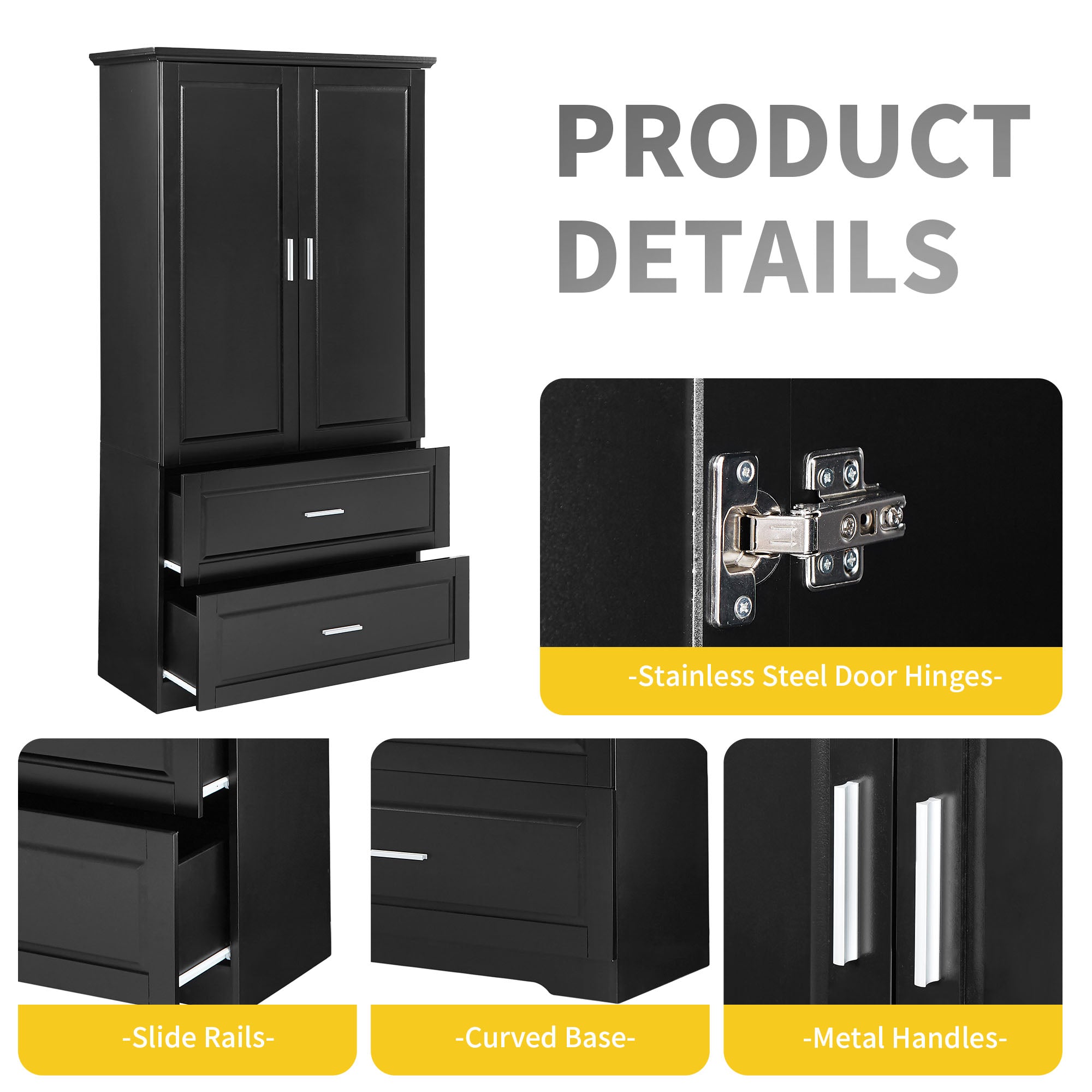 Black MDF tall bathroom storage cabinet with two doors and drawers