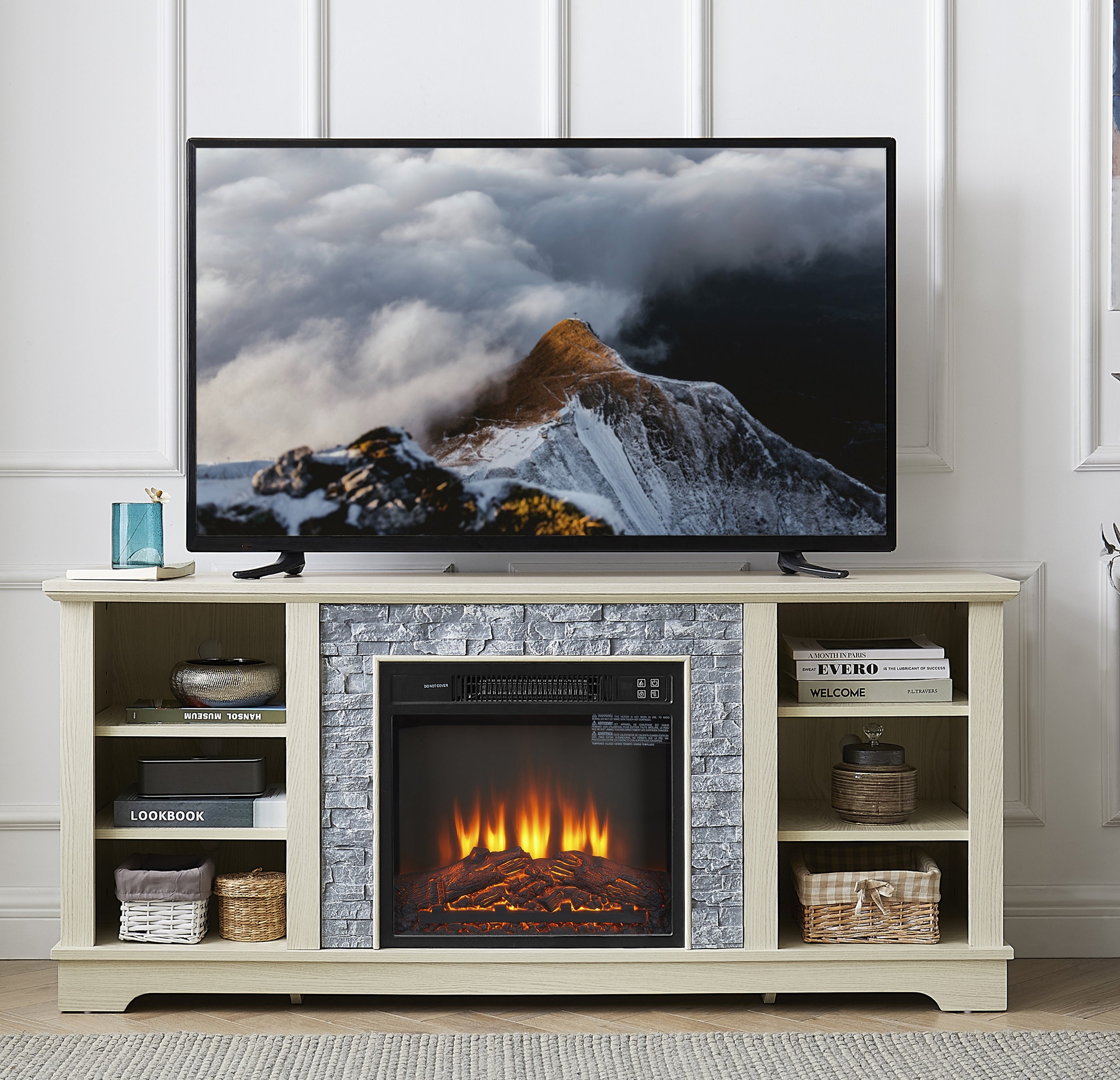 White TV stand with electric fireplace and stone-look mantel