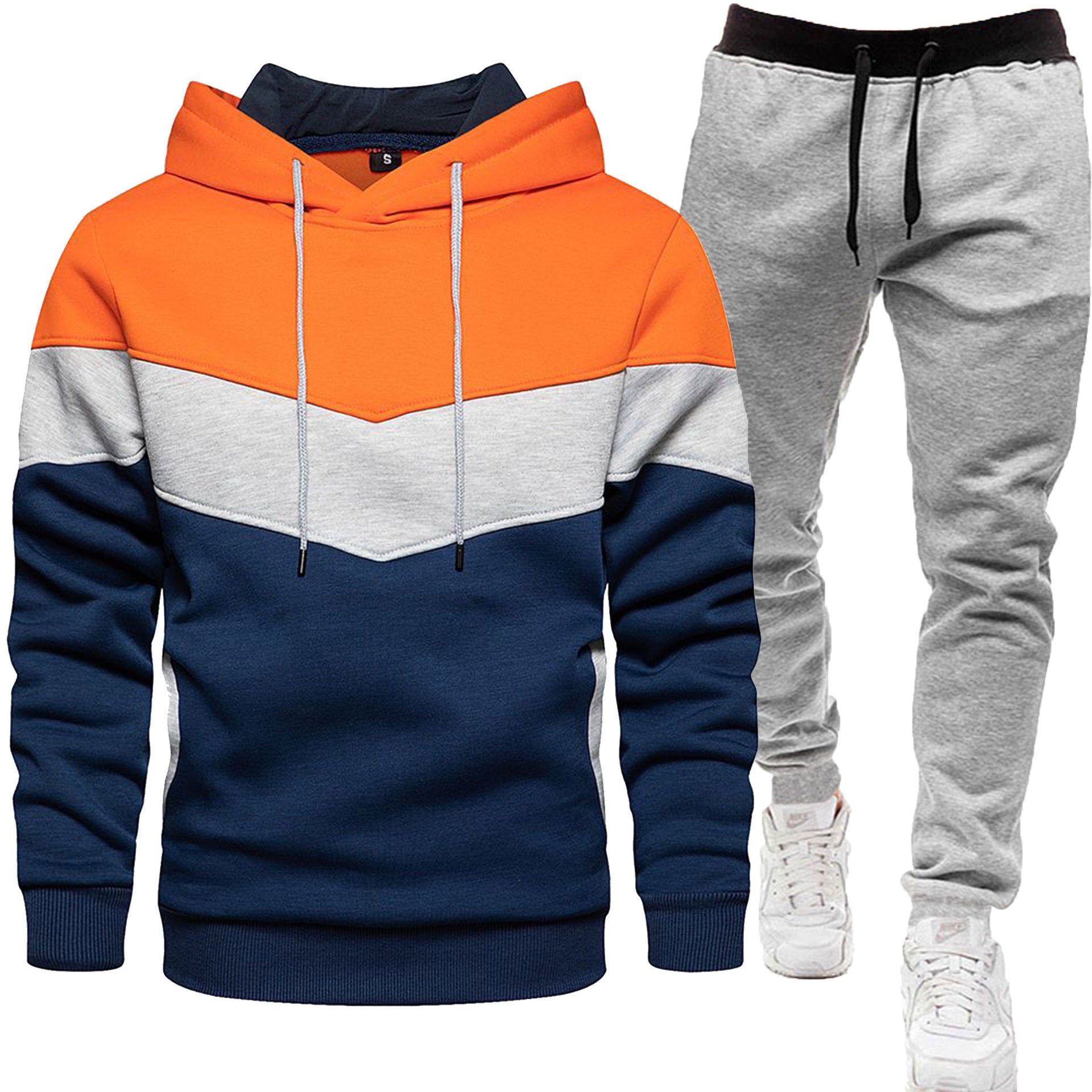 Men's three-color hoodie and jogger pants two-piece set, front view

