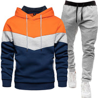 Men's three-color hoodie and jogger pants two-piece set, front view


