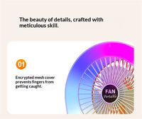 A promotional graphic for a portable fan showing part of the fan with a purple-to-blue gradient and a central label reading 'FAN Portable.' Text above says the beauty of details is crafted with meticulous skill, and text below says the encrypted mesh cover prevents fingers from getting caught.