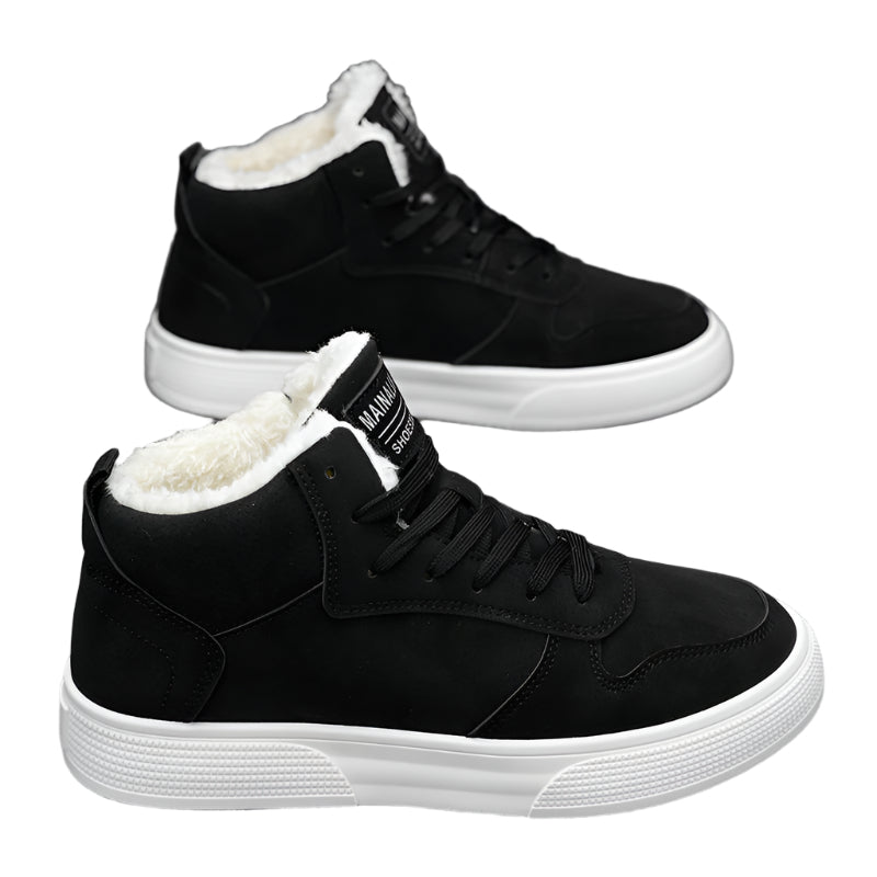 Plus size men’s high-top winter fleece-lined casual sports cotton shoes in neutral tones.

