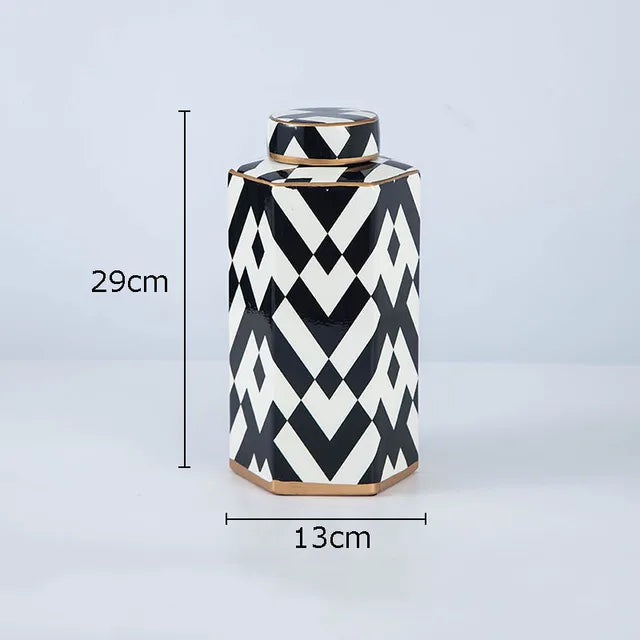 Geometric Black & White Striped Ceramic Storage Jar