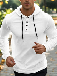 Men’s plus size hoodie with button detail and drawstring hood in long sleeve design.

