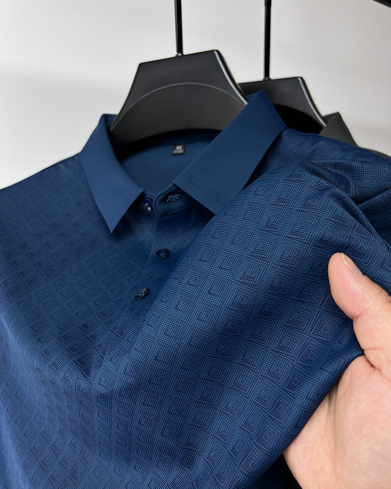High-end Elegant Ice Silk Short Sleeve Polo Shirt, men's lapel design, plaid pattern, summer comfort.