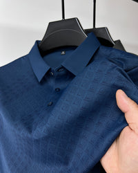 High-end Elegant Ice Silk Short Sleeve Polo Shirt, men's lapel design, plaid pattern, summer comfort.