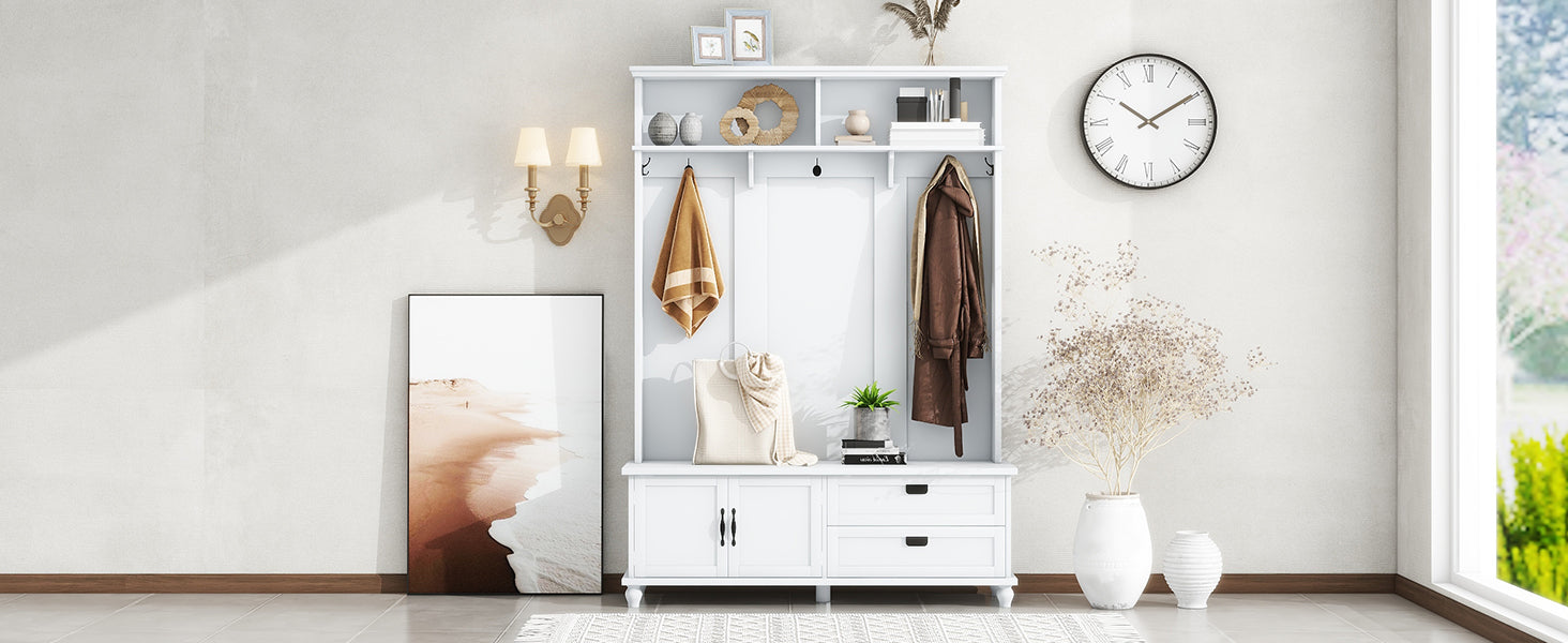 ON-TREND white hall tree with bench, coat hooks, drawers, and cabinet