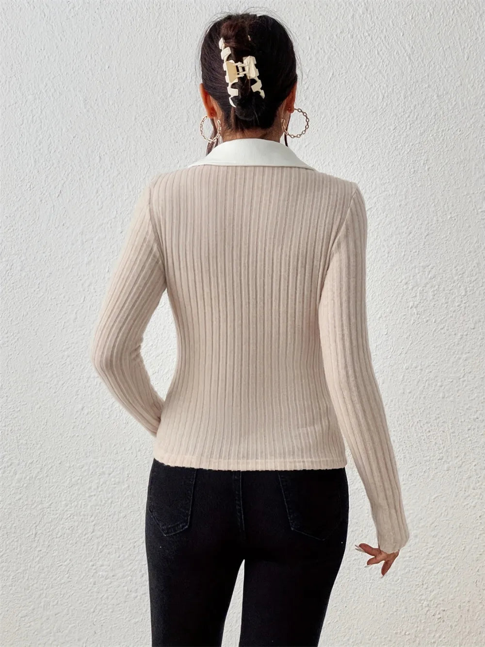 Front view of women’s Johnny collar long sleeve t-shirt in relaxed fit