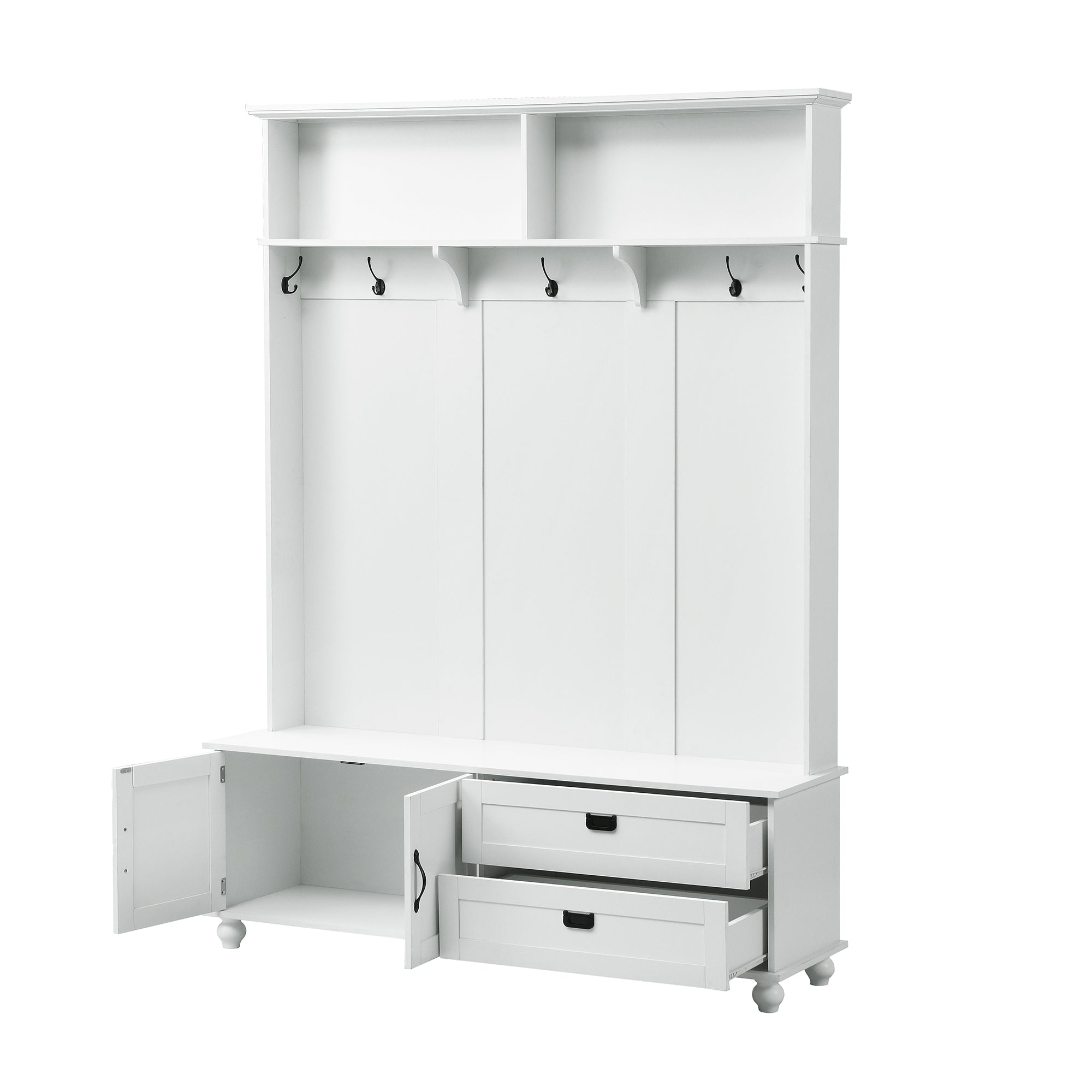 ON-TREND white hall tree with bench, coat hooks, drawers, and cabinet