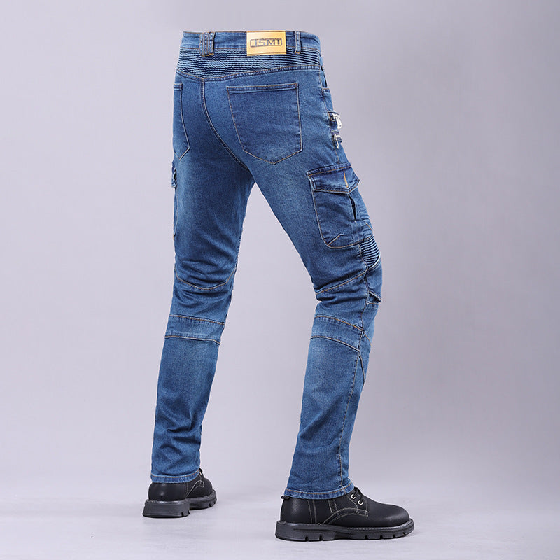 Men’s motorcycle riding jeans with reinforced knee and hip protection, durable denim, and a stylish biker design.