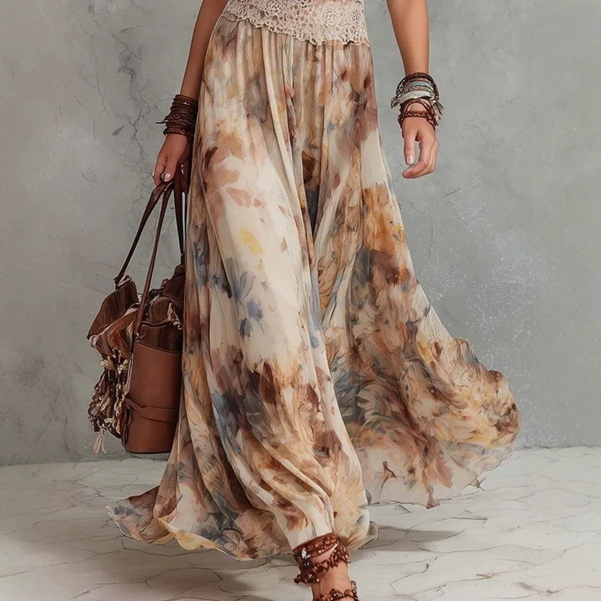 Close-Up Look of the French Vintage Painted Floral Backless Strapless Summer Beach Vacation Long Dress 
