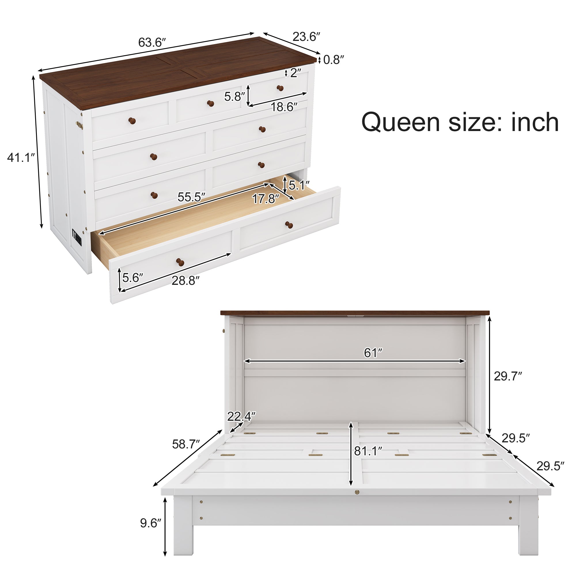 White and walnut queen Murphy bed chest in closed position
