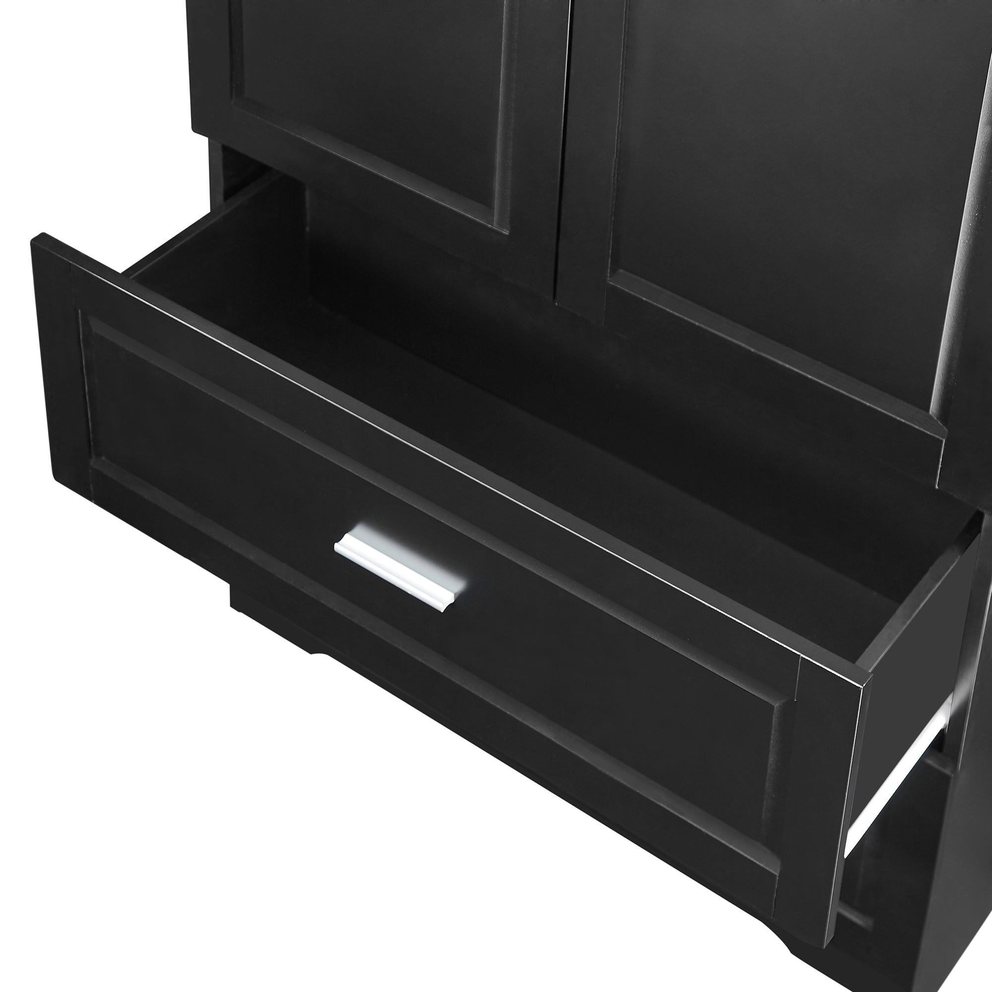 Black MDF tall bathroom storage cabinet with two doors and drawers