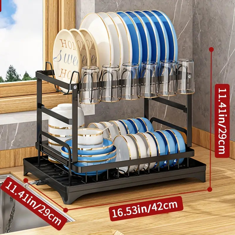 Kitchen drainage rack with bowls, plates, and utensils drying on a countertop

