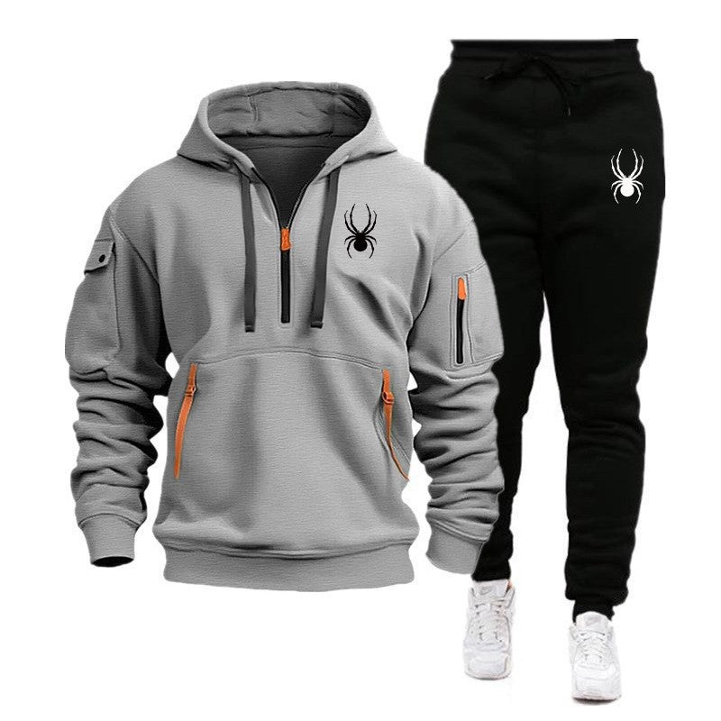Men's sports hoodie set with printed hoodie and matching pants, front view

