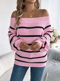 Women's striped off-shoulder sweater with long sleeves, front view

