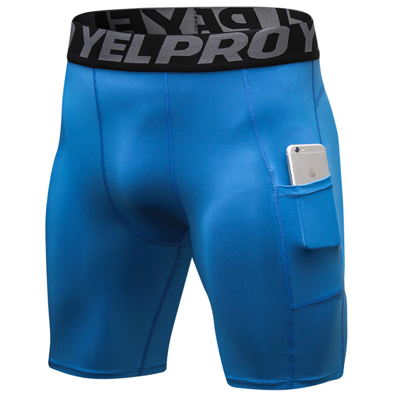 Men’s black PRO gym shorts with built-in compression tights, side pockets, and sweat-wicking fabric

