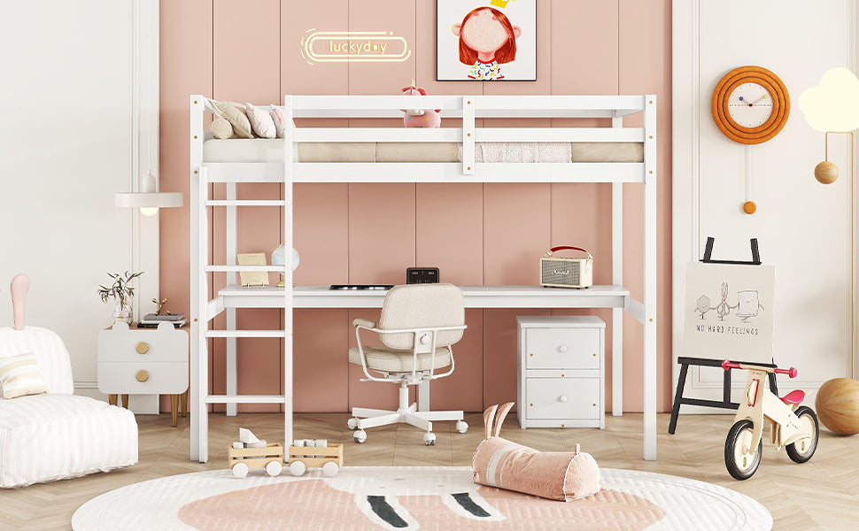 Full view of white twin loft bed with built-in desk and drawers underneath

