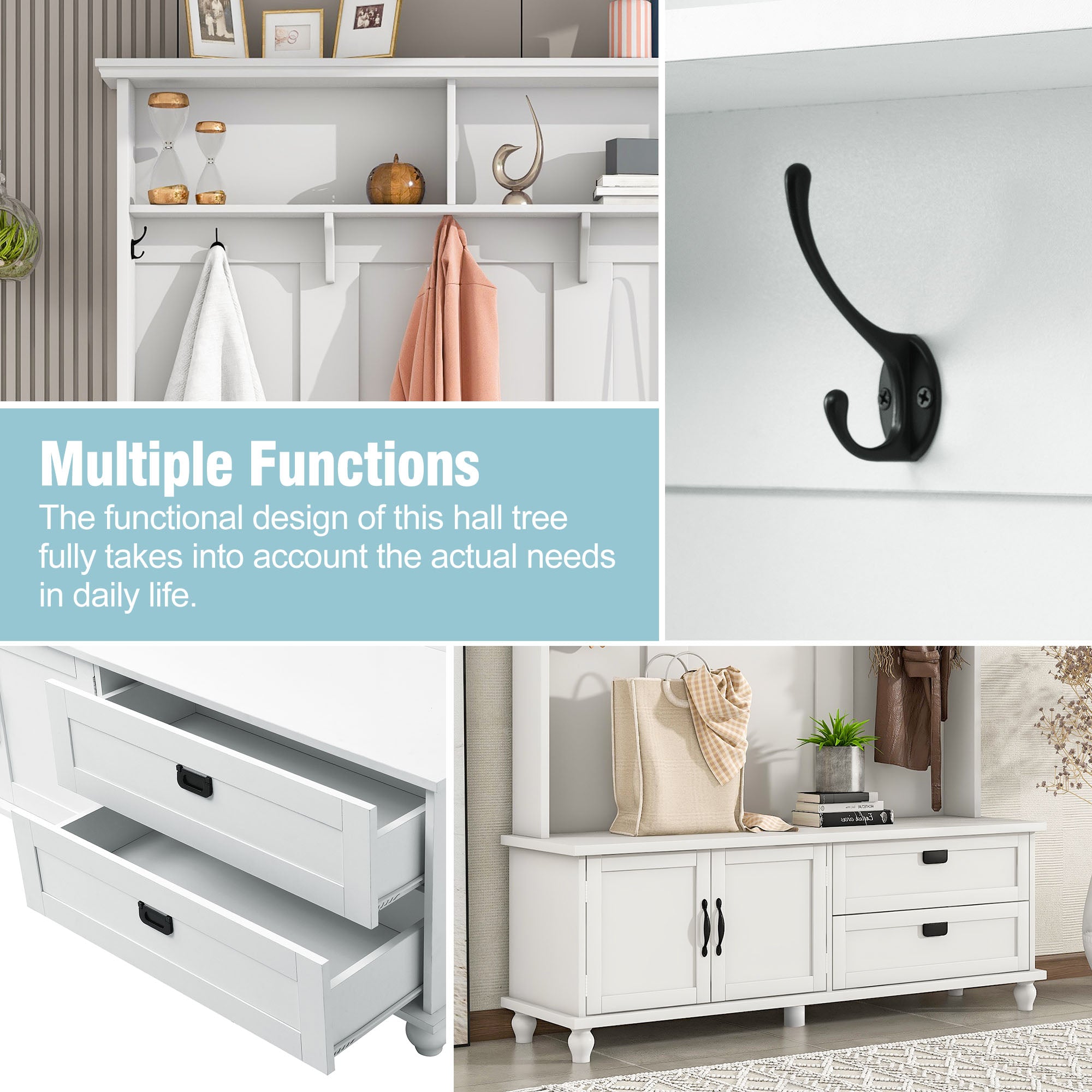 ON-TREND white hall tree with bench, coat hooks, drawers, and cabinet