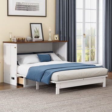 White and walnut queen Murphy bed chest in closed position