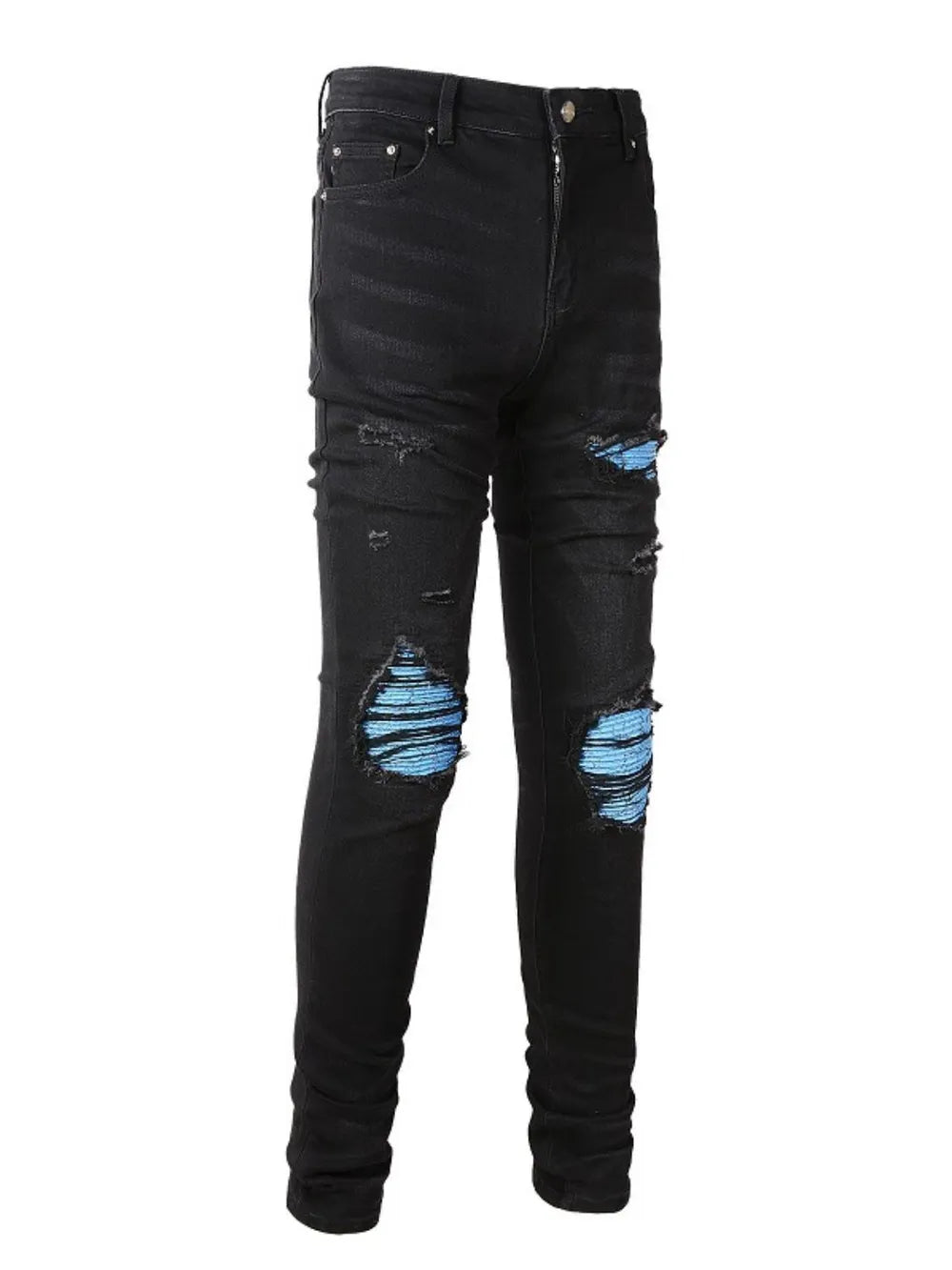 Men’s distressed skinny jeans in stretch denim with ripped detailing.

