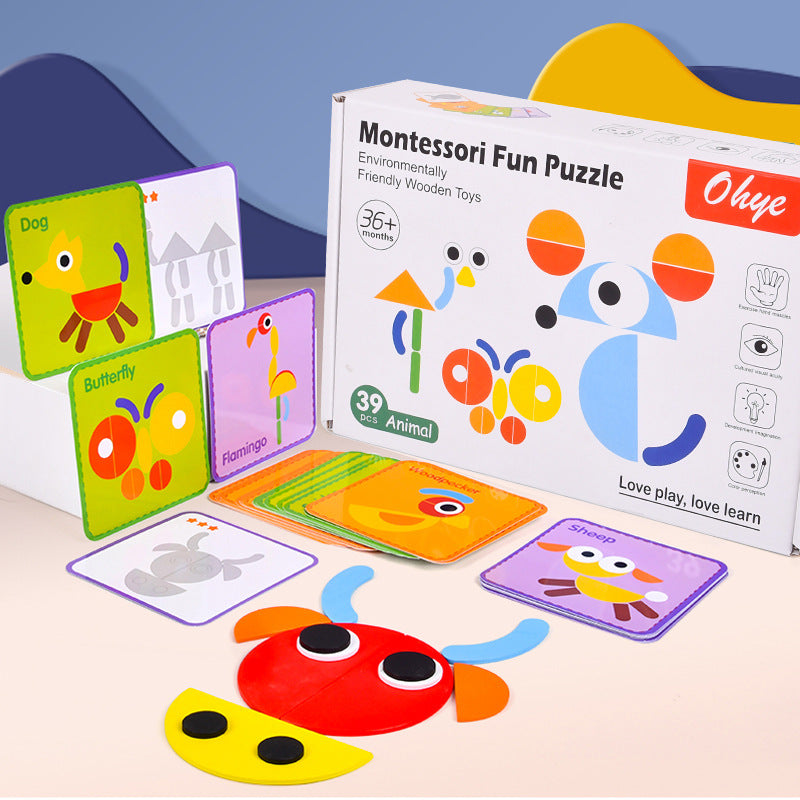 Montessori wooden puzzle board with colorful geometric shapes

