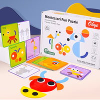 Montessori wooden puzzle board with colorful geometric shapes

