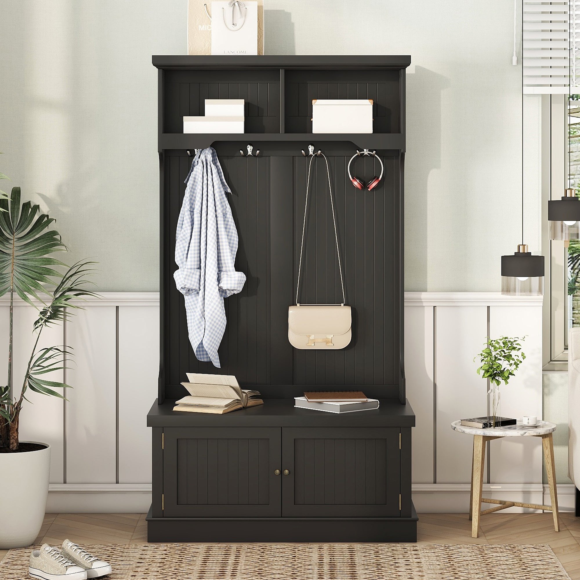 Black 4-in-1 hall tree with storage bench and coat hooks, front view

