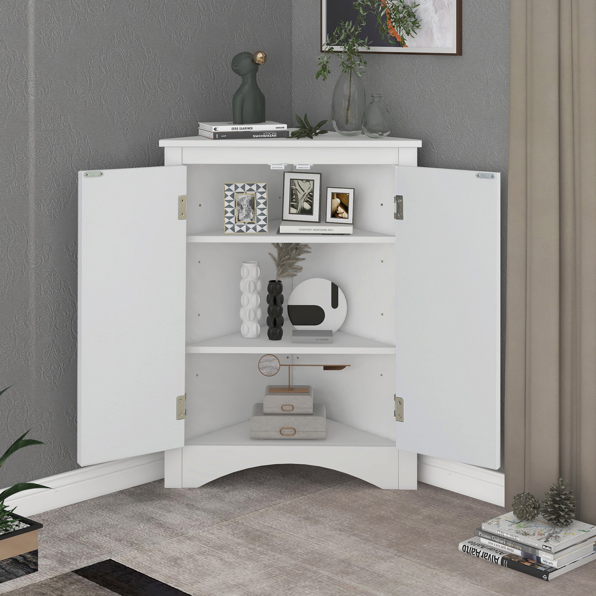 White triangle bathroom storage cabinet with a compact, space-saving design, featuring multiple shelves for organizing toiletries, towels, and other bathroom essentials. Made from durable materials, this sleek cabinet adds a functional and stylish touch to any bathroom decor.