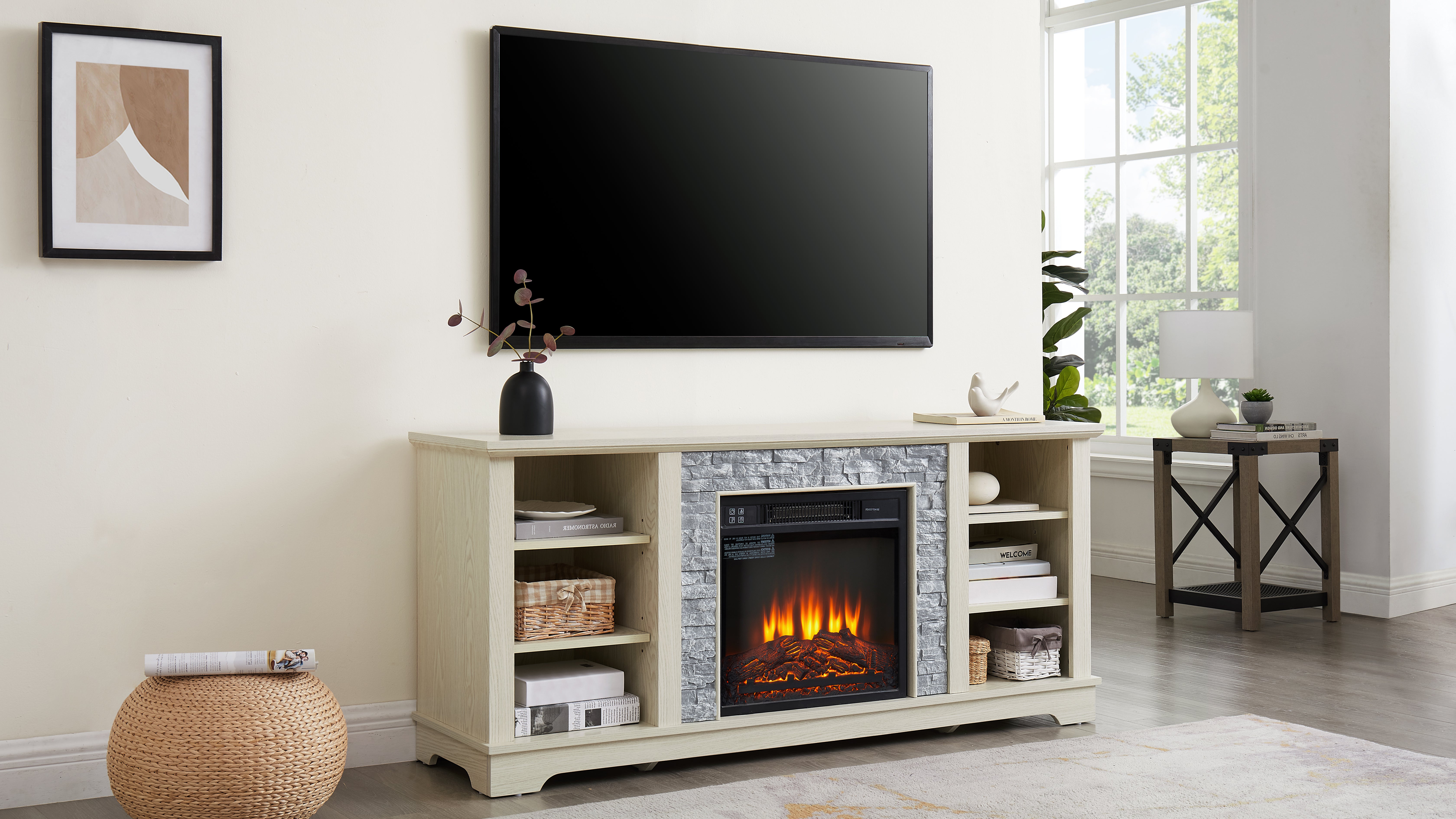 White TV stand with electric fireplace and stone-look mantel