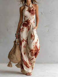 New halter backless jumpsuit, blue and white tie-dye wide-leg pants, summer beach women's wear Hot Deal Warehouse