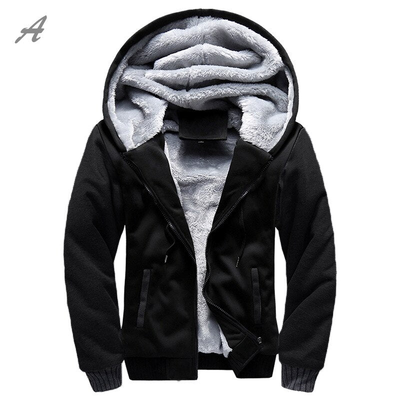 Men's winter hooded jacket with thick velvet lining, front view

