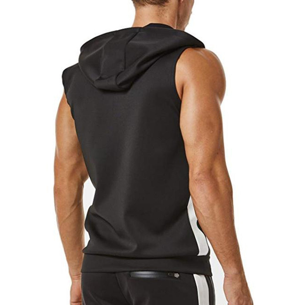 "Men’s zipper splicing sports hooded vest featuring a stylish, color-block design. Made from breathable, moisture-wicking fabric, the vest includes a front zipper closure, adjustable hood, and a fitted cut, ideal for workouts or casual athleisure wear."