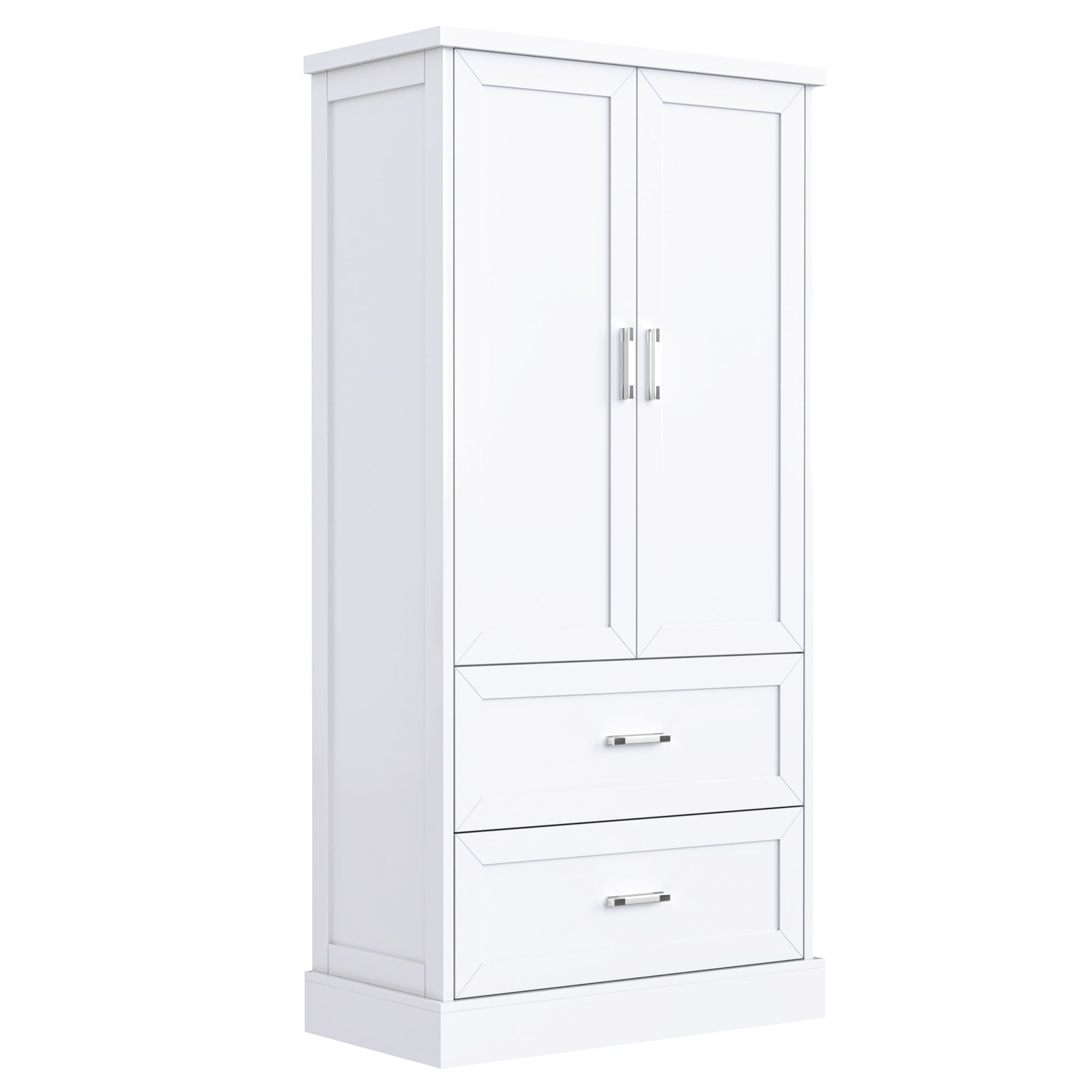 Tall white bathroom cabinet with drawers and double doors