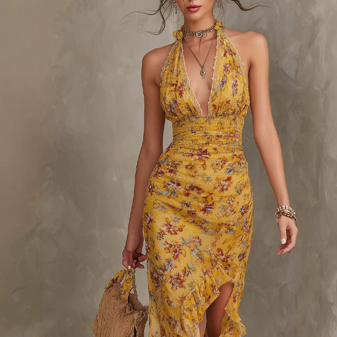 French Vintage Yellow Floral Halter Neck Dress Deep V Waist-Cinching Split Ruffle Slimming Elegant Dress Hot Deal Warehouse