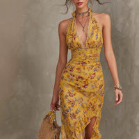 French Vintage Yellow Floral Halter Neck Dress Deep V Waist-Cinching Split Ruffle Slimming Elegant Dress Hot Deal Warehouse