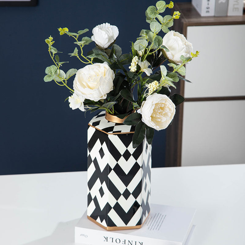 Geometric Black & White Striped Ceramic Storage Jar