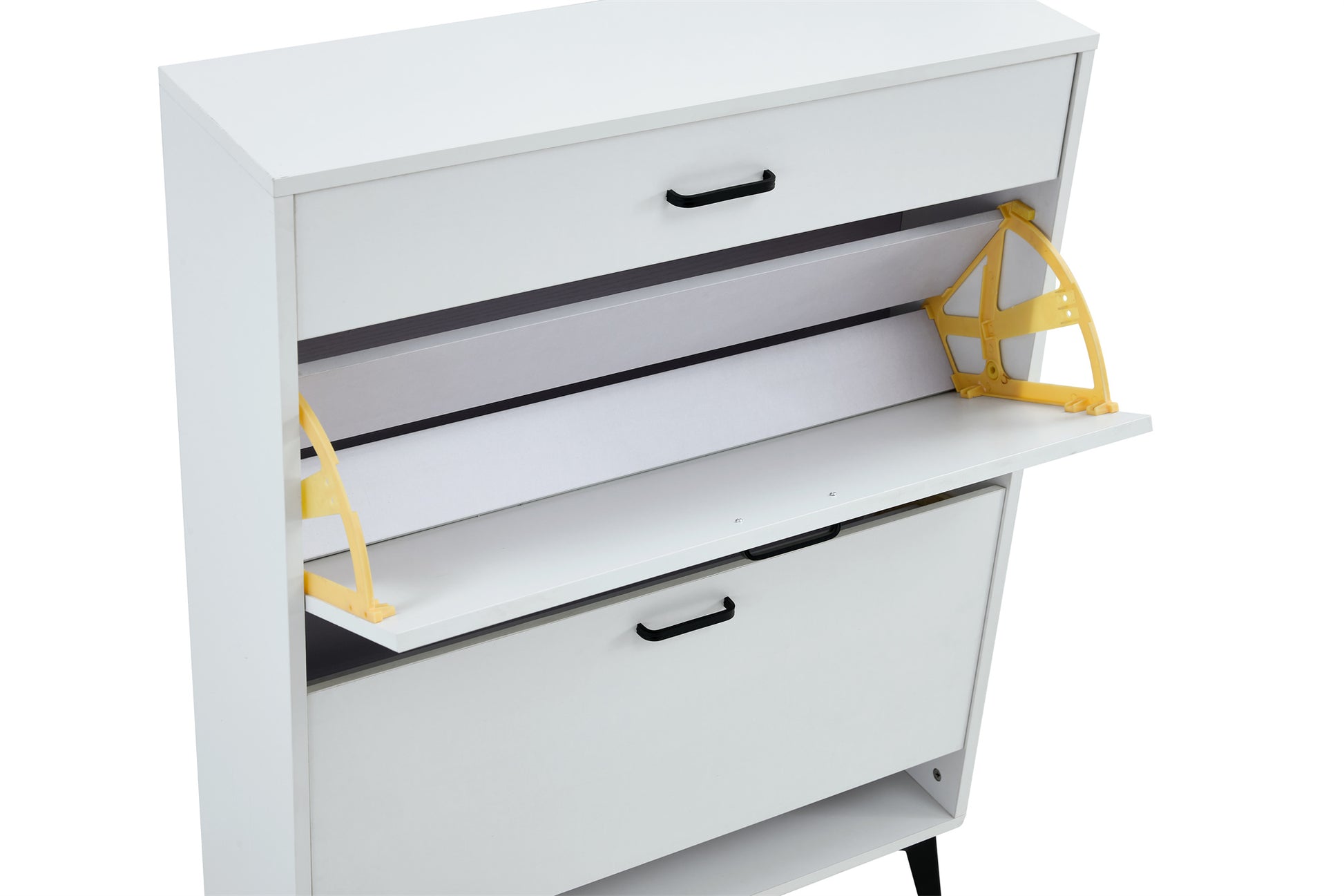 White shoe cabinet with open shelves and metal legs
