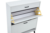 White shoe cabinet with open shelves and metal legs