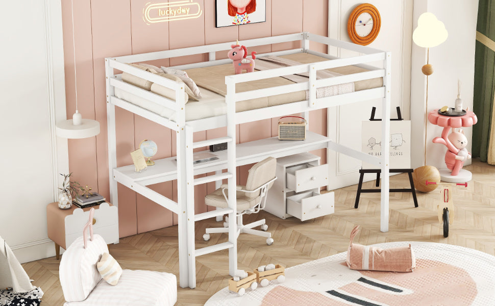 Full view of white twin loft bed with built-in desk and drawers underneath

