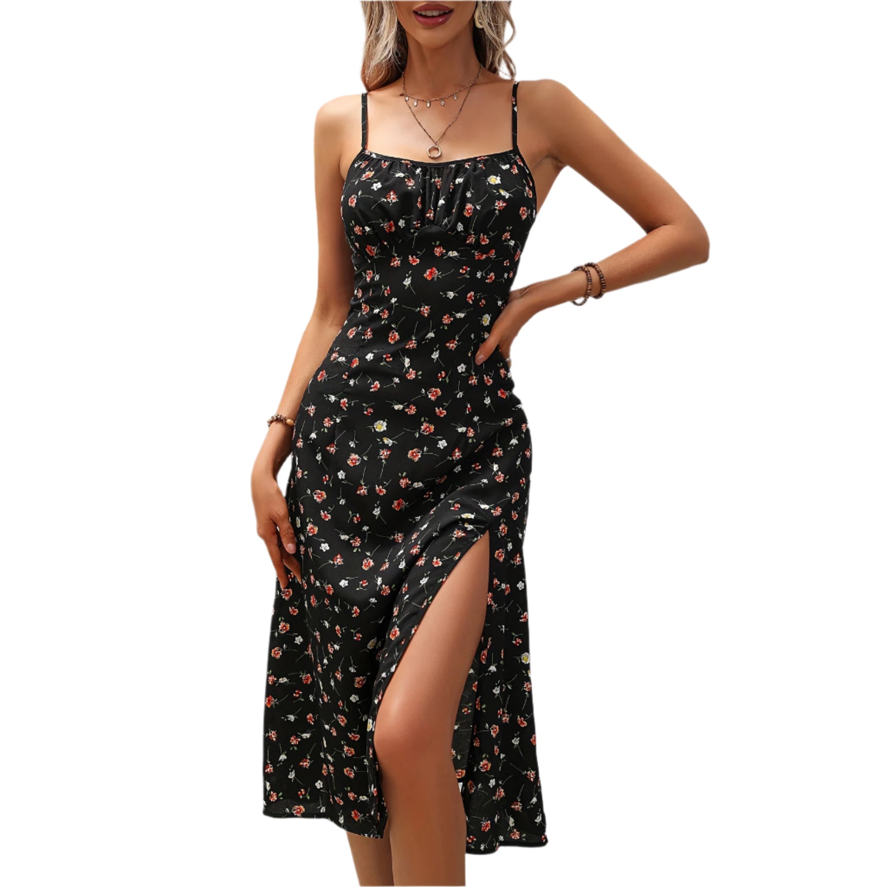 Women’s Polka Dot Print Suspender Dress with sexy slit, summer long dress with adjustable straps.

