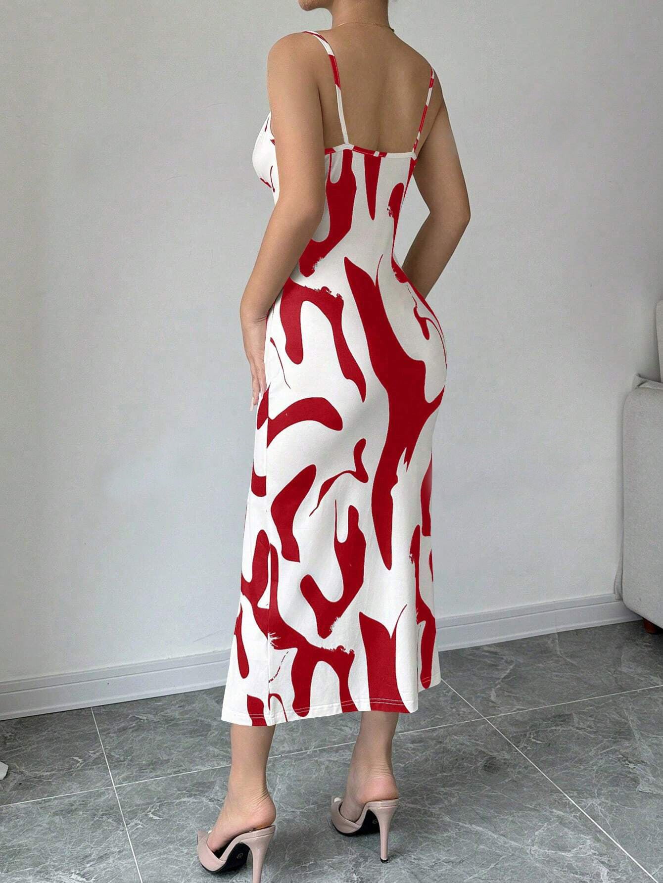 Women's summer printed suspender split dress with lace-up back and slim fit design.

