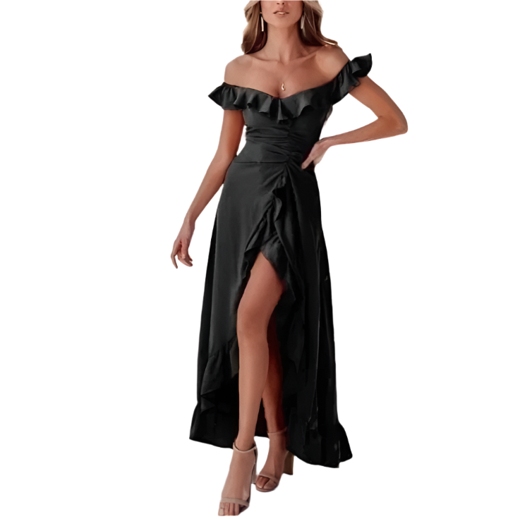 Women's sloping shoulder ruffle long dress, an elegant and stylish evening gown for special occasions.

