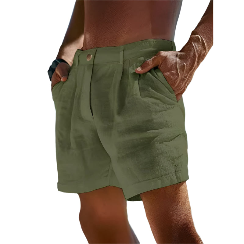 Men’s lightweight linen shorts with button pocket, breathable and stylish for summer wear.








