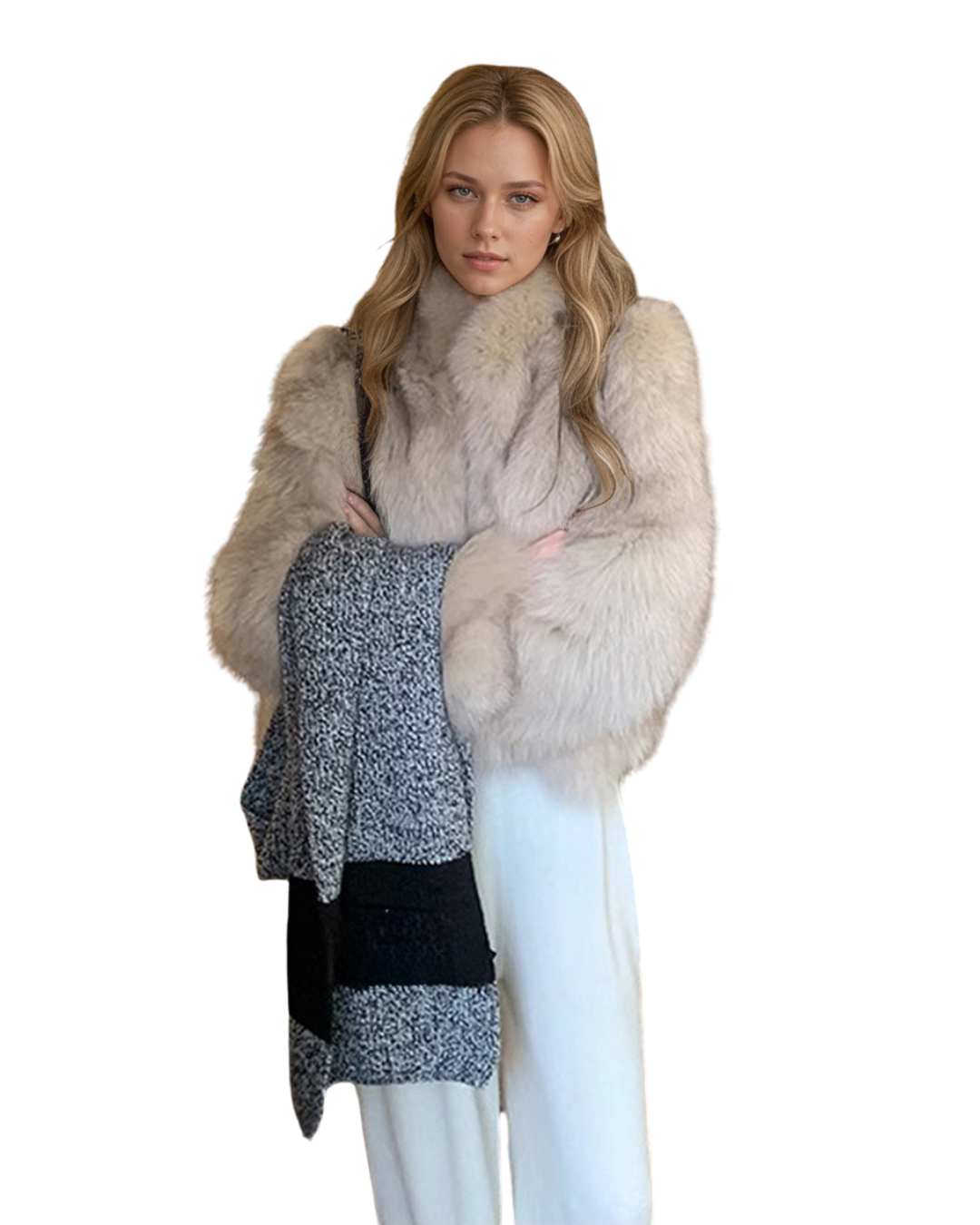 A woman modeling a light beige fur coat over a black and white patterned cardigan and white pants, set against a plain white background.